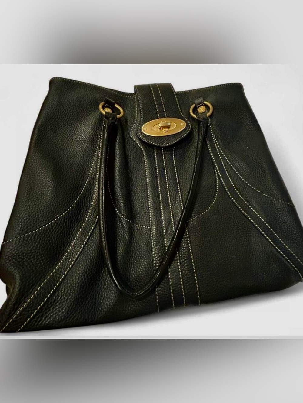 Vintage Jones NY Black Pebbled Leather Tote Bag Gold Turn Lock Quiet Luxury